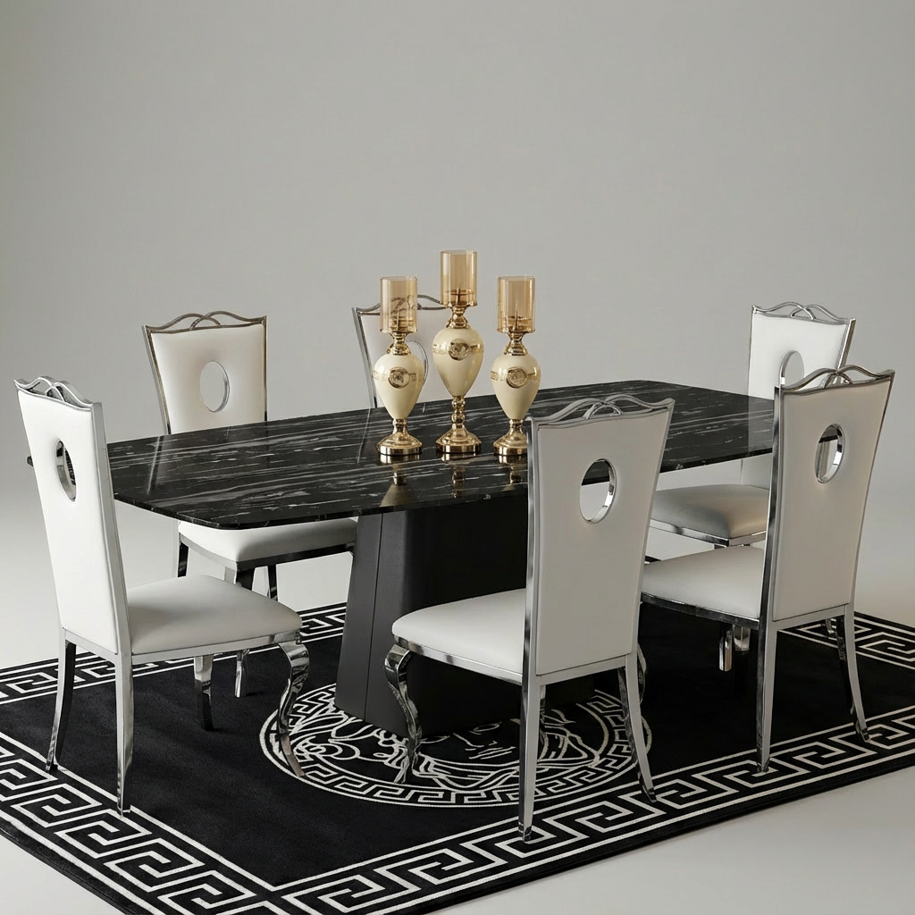 Dining table set with chairs and decorative items on a black and white patterned rug.
