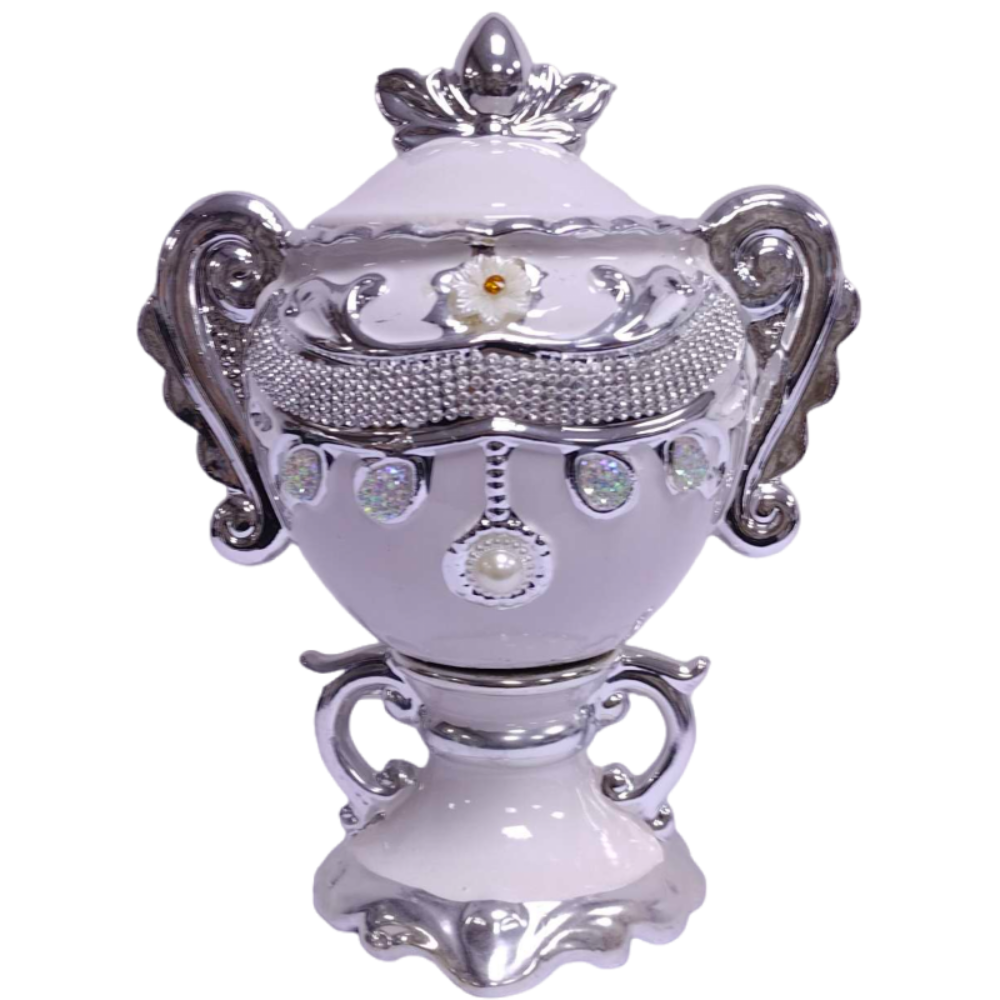 Decorative Ceramic Trophy Vase in White with Silver
