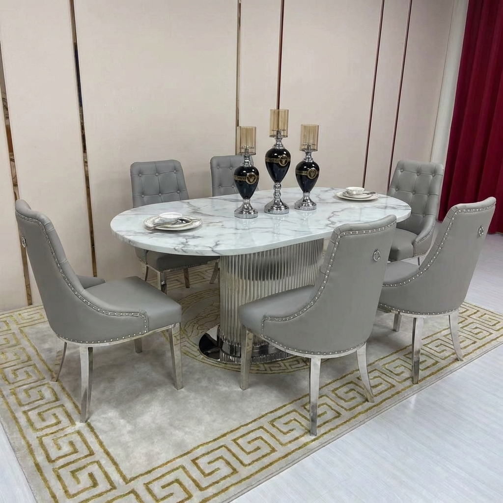 Oval Marble Dining Table with Six Chairs