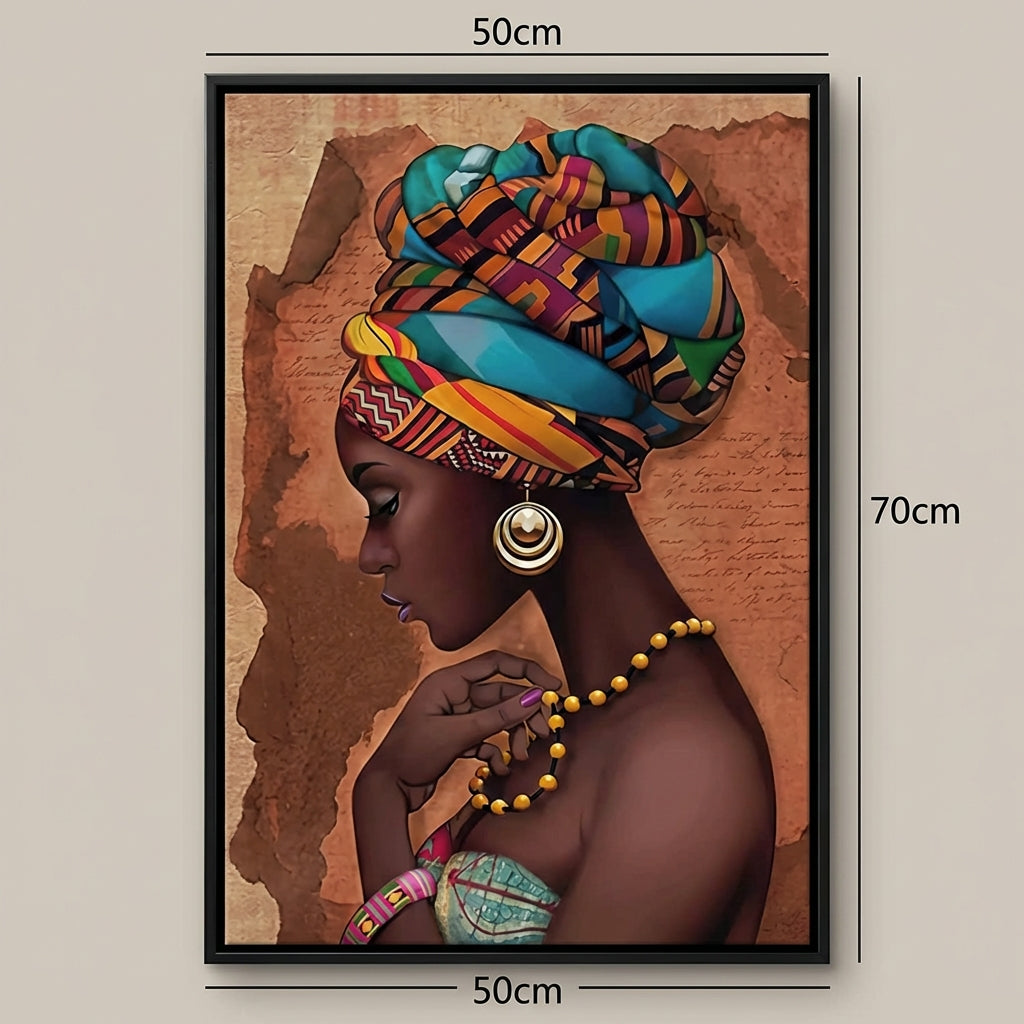 Framed artwork of a woman with a colourful headscarf and jewellery, with dimensions indicated.
