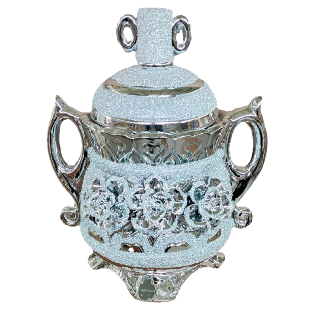 Decorative Ceramic Trophy Vase in Silver with White Glitters