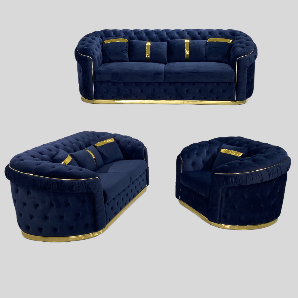 Couch Luxury, Stylish and Comfortable Sofas / Couches in Blue Velvet Material with Golden trims