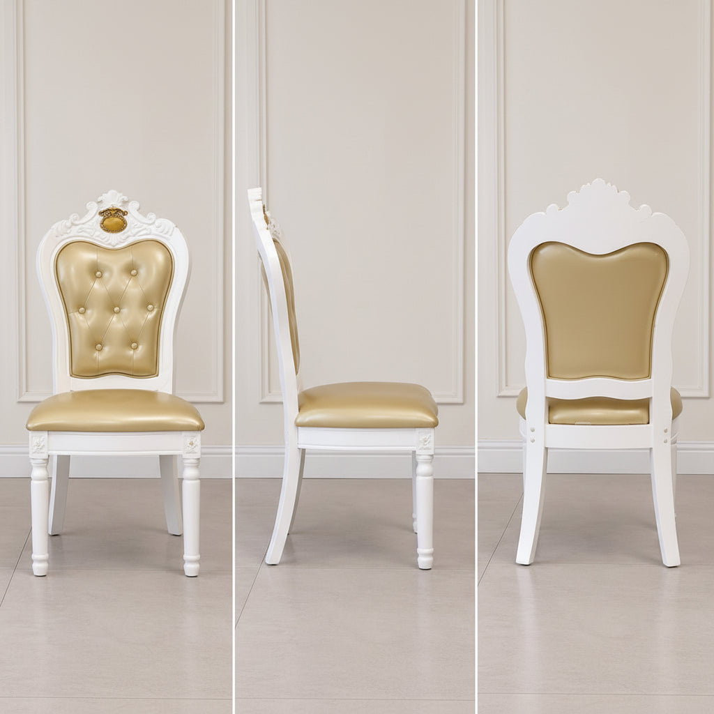 A white wooden dining chair with a tufted gold backrest and a gold upholstered seat, shown from three angles (front, side, and back) against a neutral cream paneled wall and light floor.