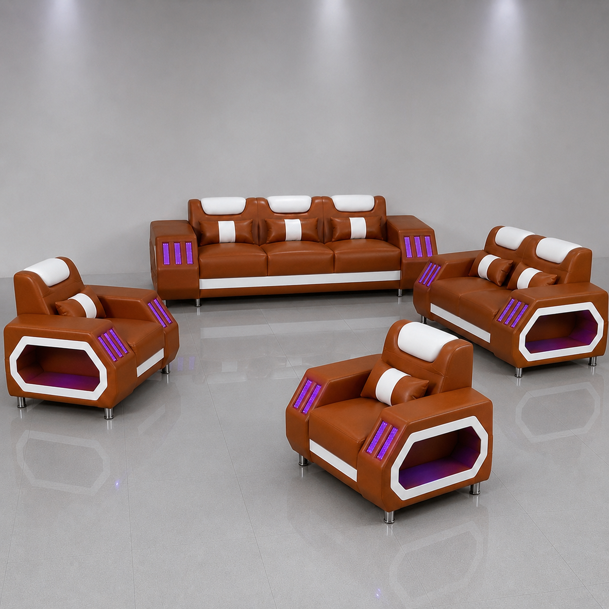 A modern 5-piece sofa set in brown and white leather, featuring illuminated purple LED light strips on the armrests and sides, arranged on a reflective gray floor against a gray studio background.