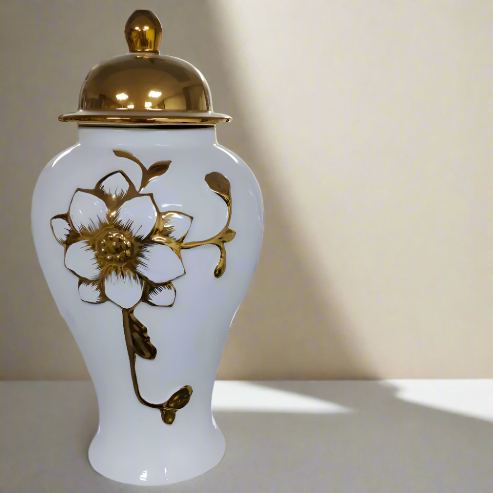 Modern Big White and Gold Ceramic Decorative Vase / Jar with Lid