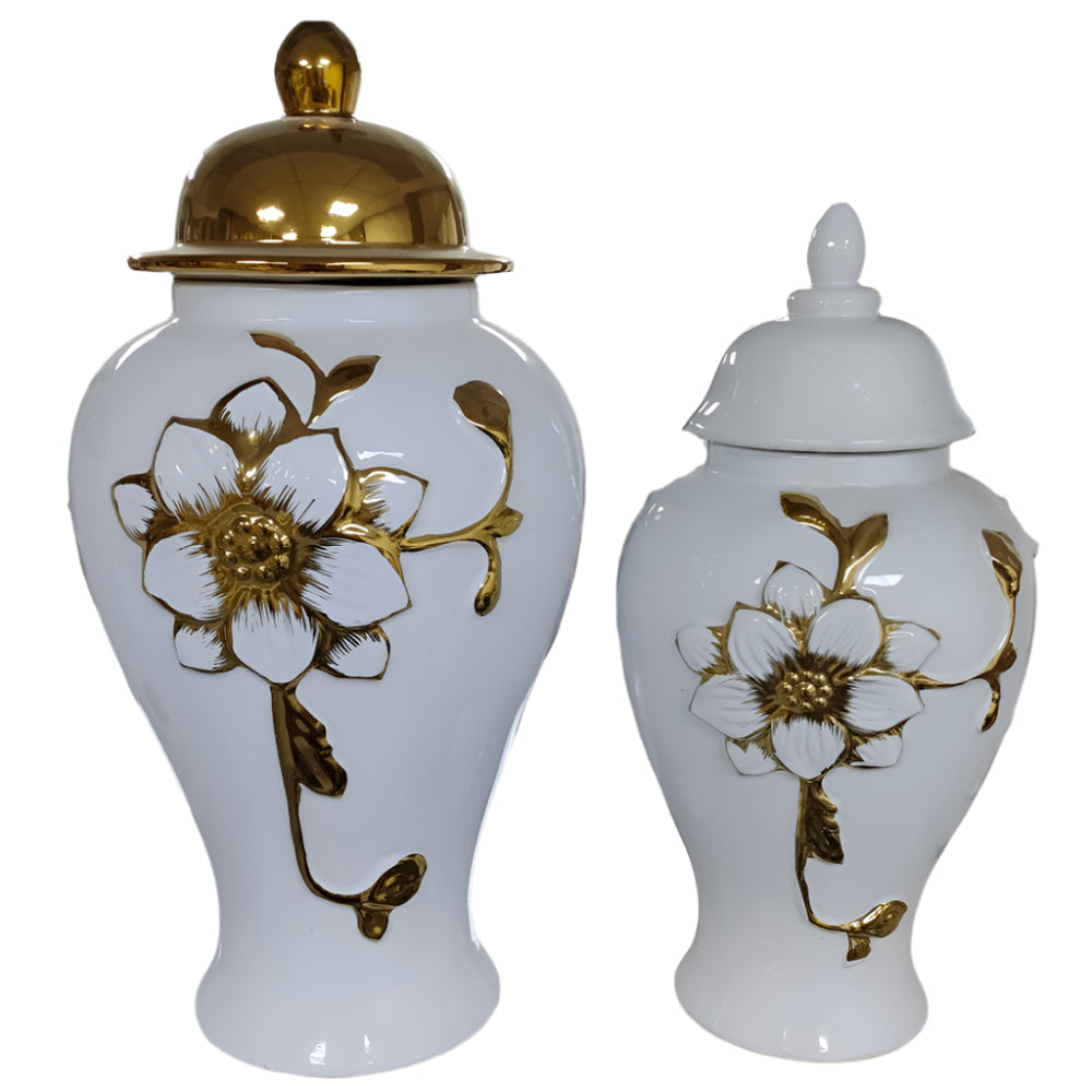 Big White and Gold Ceramic Decorative Vase / Jar with Lid