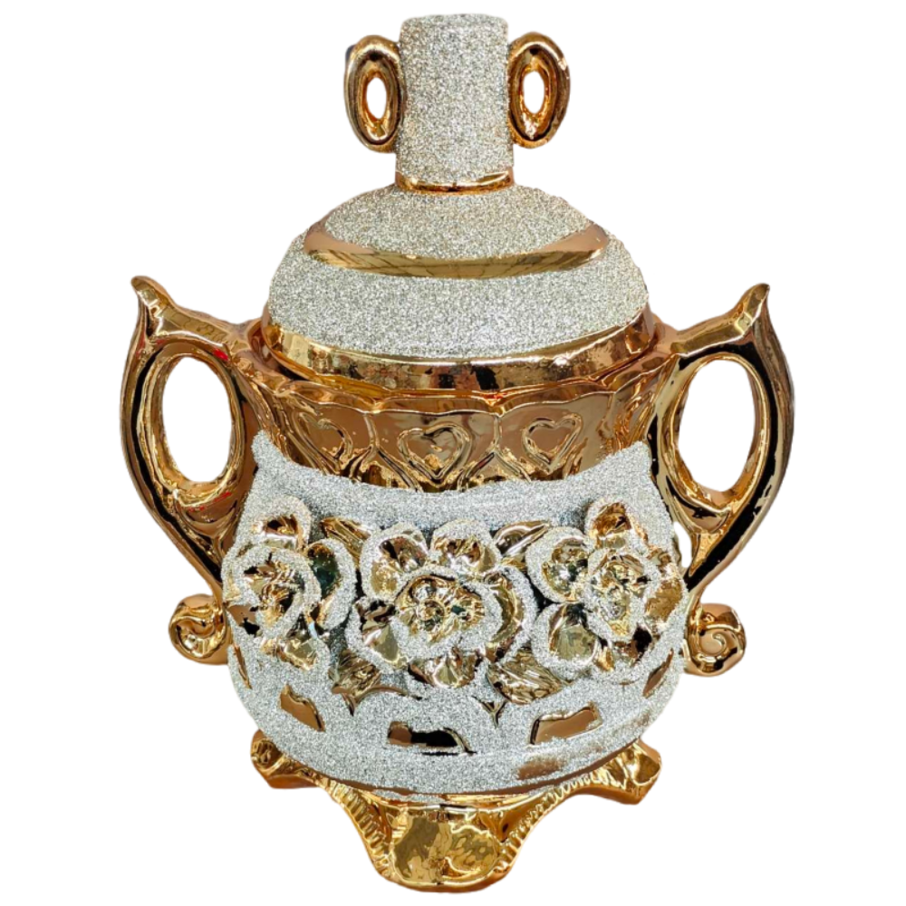 Decorative Ceramic Trophy Vase in Gold with Silver
