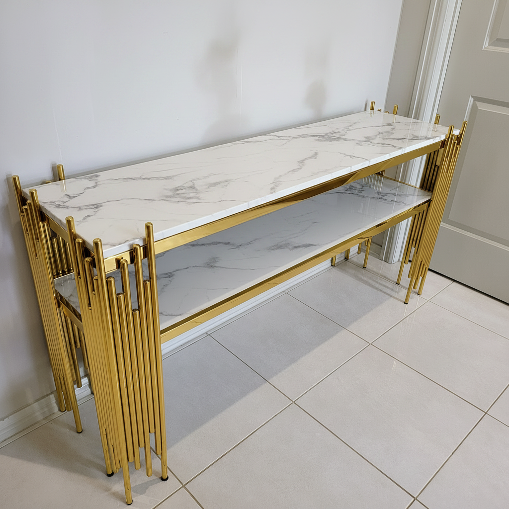 A modern console table with a white marble top and base, supported by three gold-finished tubular metal legs. The table is styled with three decorative vases containing white and yellow flowers, set against a neutral indoor background.