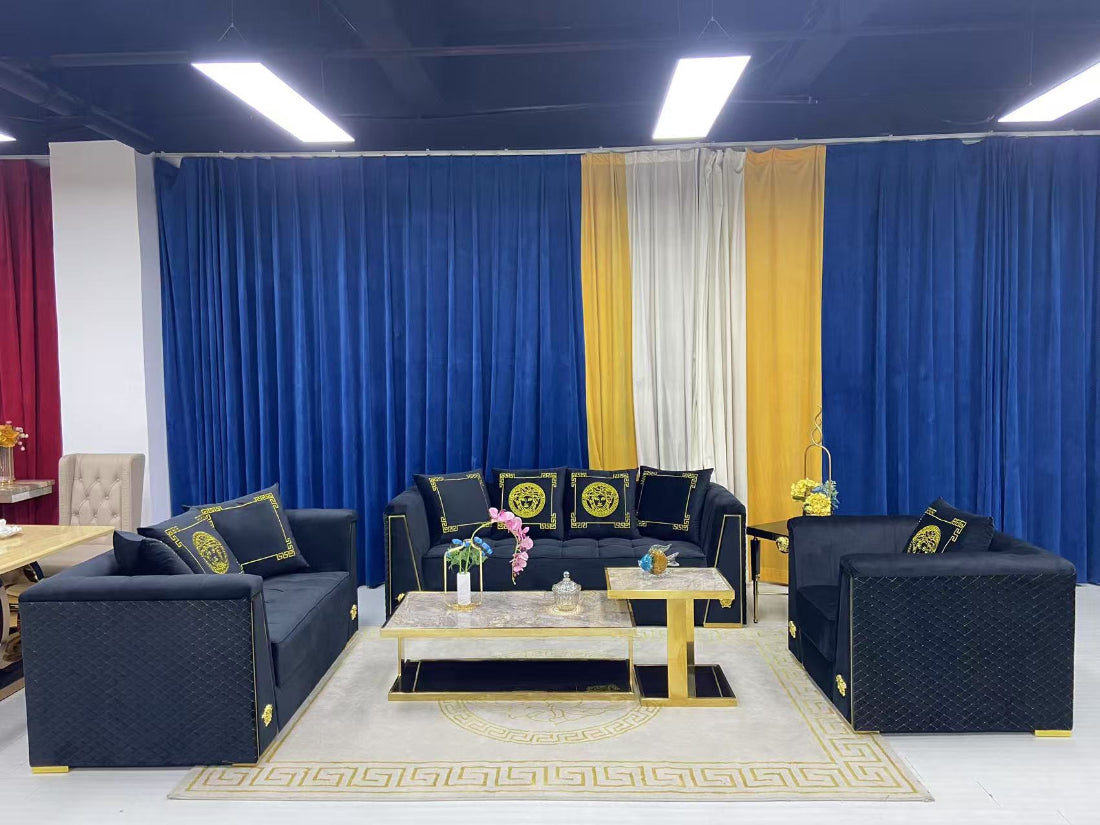 Classy Black Holland Velvet Sofa set of 7 with Golden Trim Edges and Versace Design at RBM Classic Home