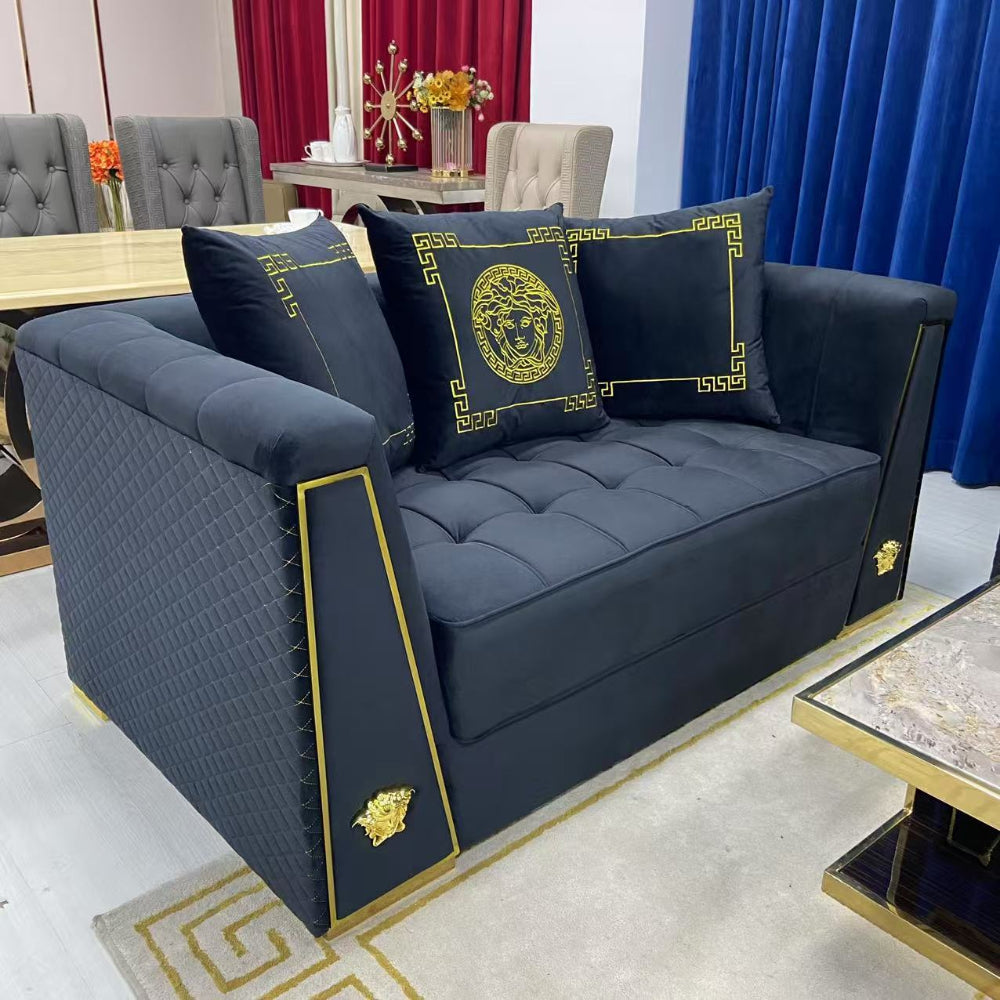 Classy Black Holland Velvet Sofa set of 7 with Golden Trim Edges and Versace Design at RBM Classic Home