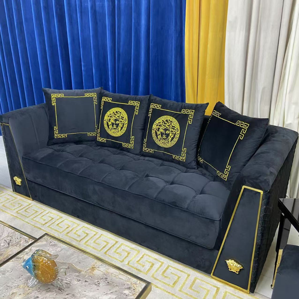 Modern Classy Black Holland Velvet Sofa set of 7 with Golden Trim Edges and Versace Design at RBM Classic Home