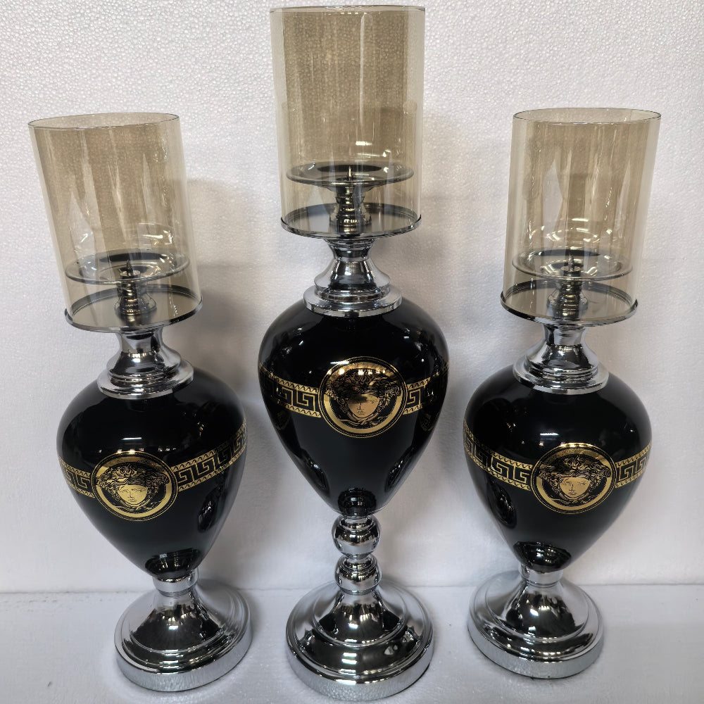 Classy Silver Alloy Frame with Black Glass Material Candleholders Set of 3