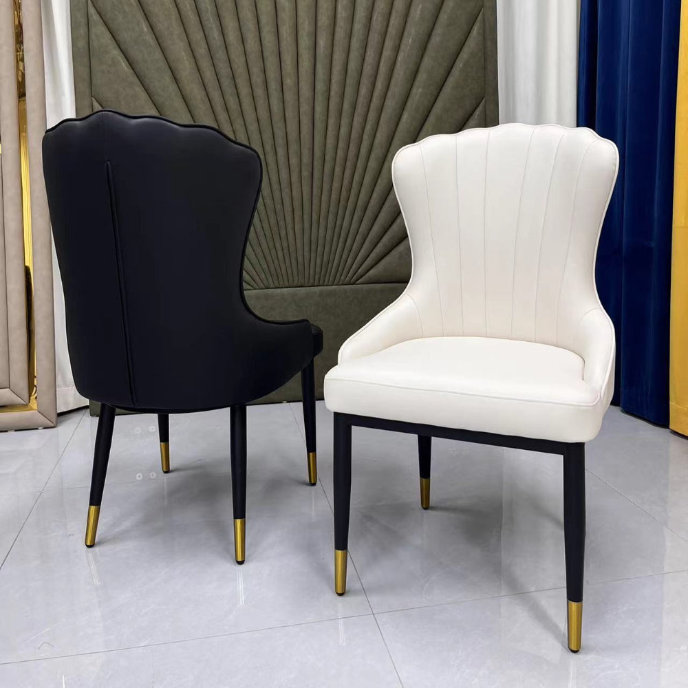 Wooden Framed Dining Chairs with White Leather and Gold Trim