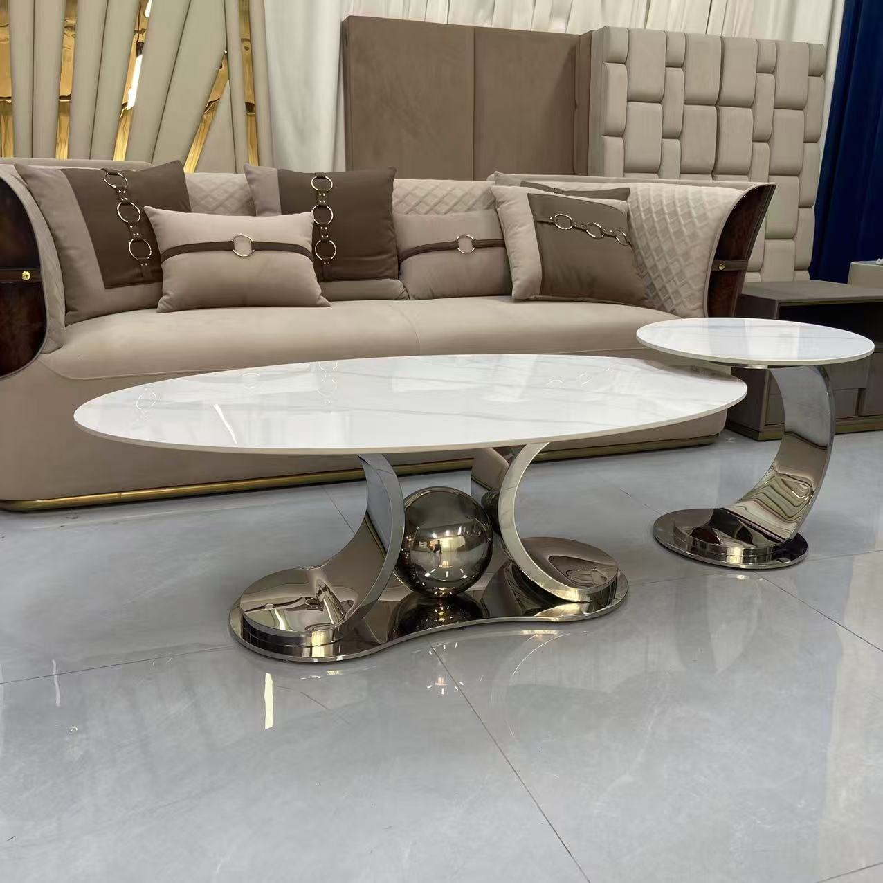 Oval Sintered Stone Coffee Table and Side Table - C2503