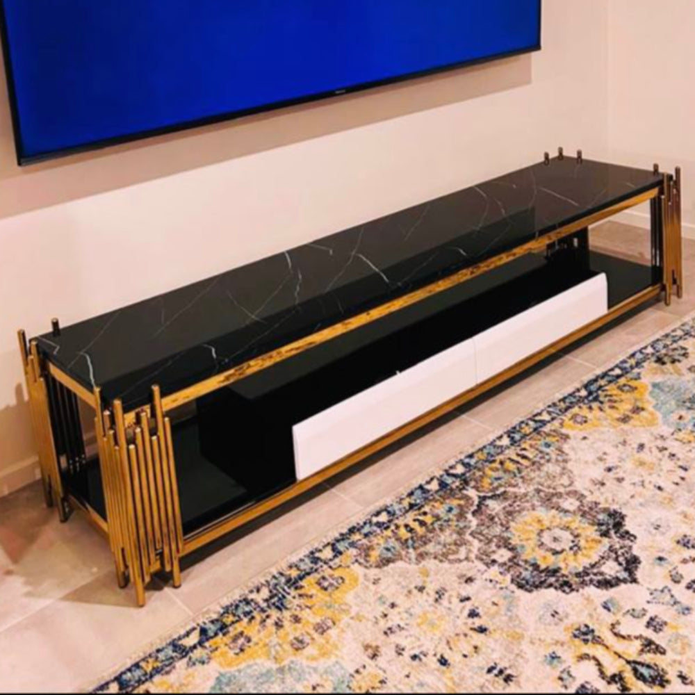 Gold Elegant TV Stand with Black Marble top