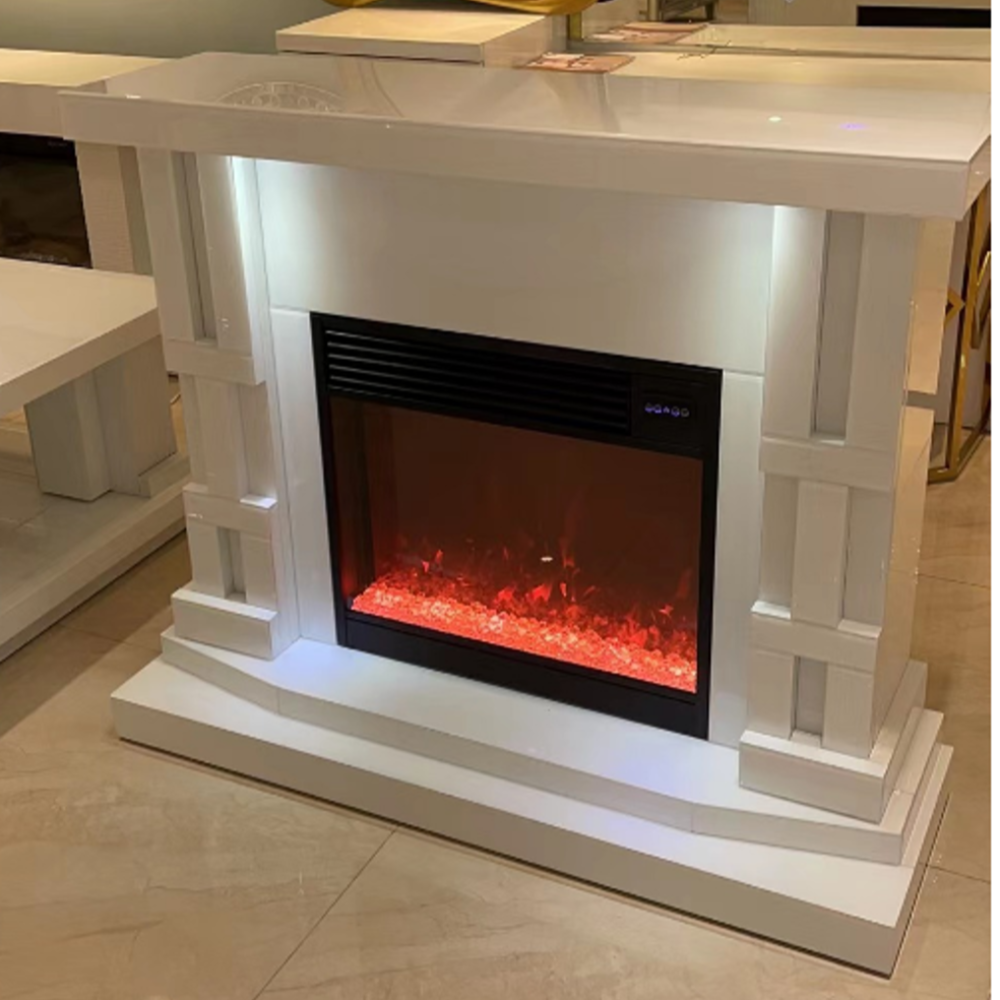 Elegant MDF plus white Mirror Decorative Floating Crystal Fireplace Reflector with Diamond-Crushed Silver Glass, with Bluetooth Speakers