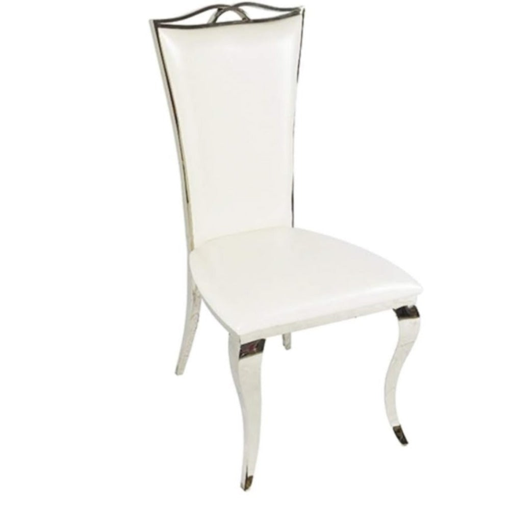Classic White Leather Dining Room Chair With a Silver Stainless Steel Frame