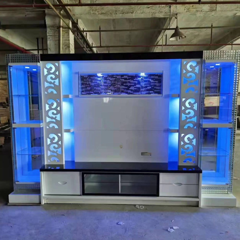 Modern Classy Wall Cabinet / TV Stand In White MDF and Golden Trim Handles Finish for a Stylish Look