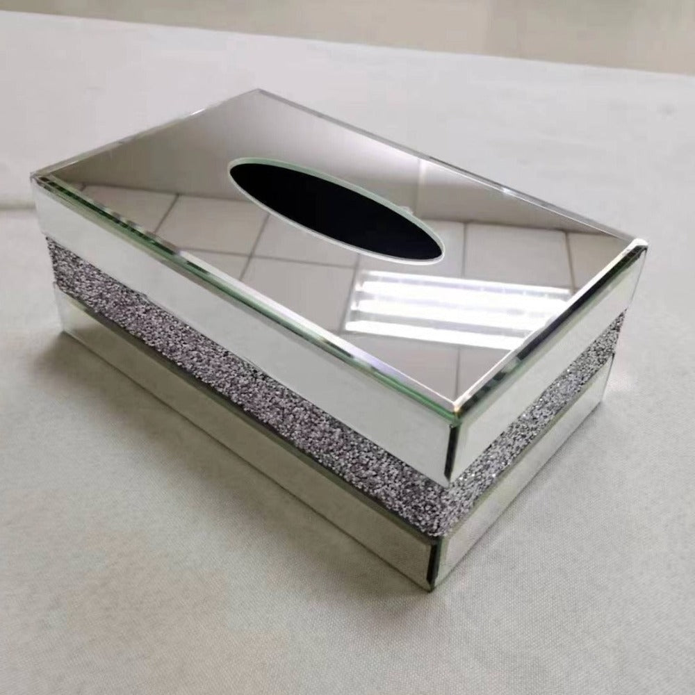 Glass Mirrored Decorative Tissue Box in Silver with Diamond-Crushed Sparkling Glass