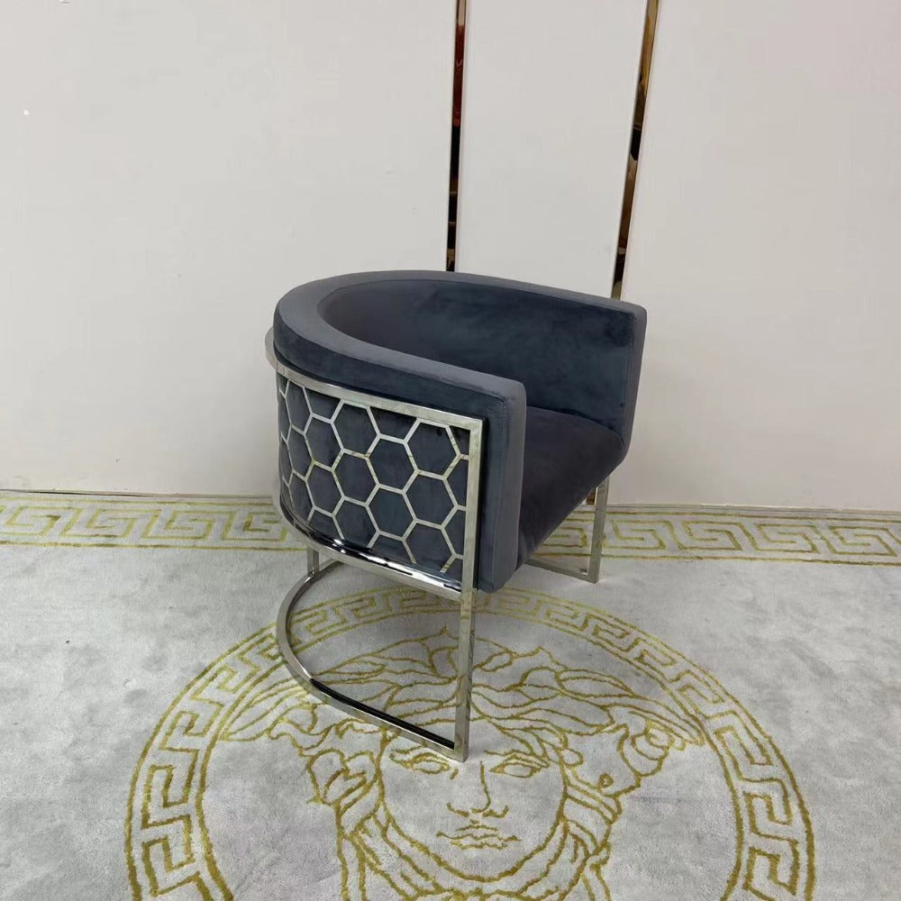 Classy and Elegant Design Grey Velvet Dining Room Chairs in Silver Stainless Steel frame at RBM Classic Furniture Store
