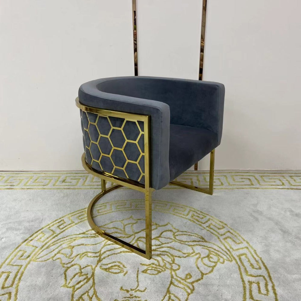 Classy and Elegant Design Grey Velvet Dining Room Chairs in Gold Stainless Steel frame at RBM Classic Furniture Store