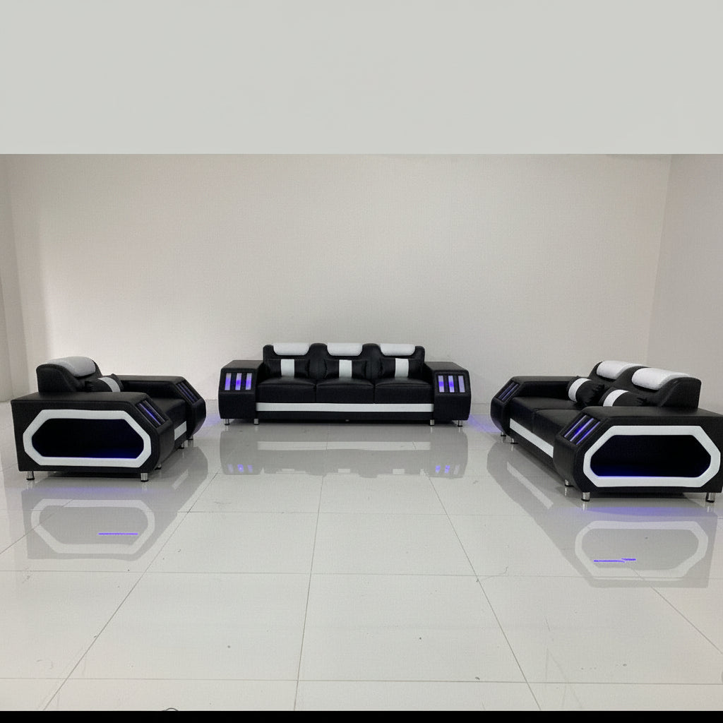 Modern Comfortable Sofa set with the Ultimate Covering in Black and White Leather