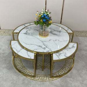 White Grey Circle / Round Gold Nested Marble Coffee Tables, 5 pieces in Gold Stainless Steel Material on Frames