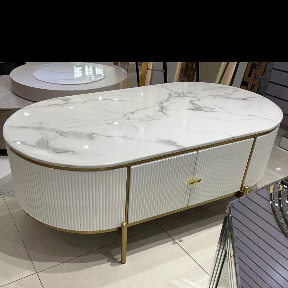 Classic and Traditional Marble Coffee Table in White MDF Material with Gold Stainless Steel frame