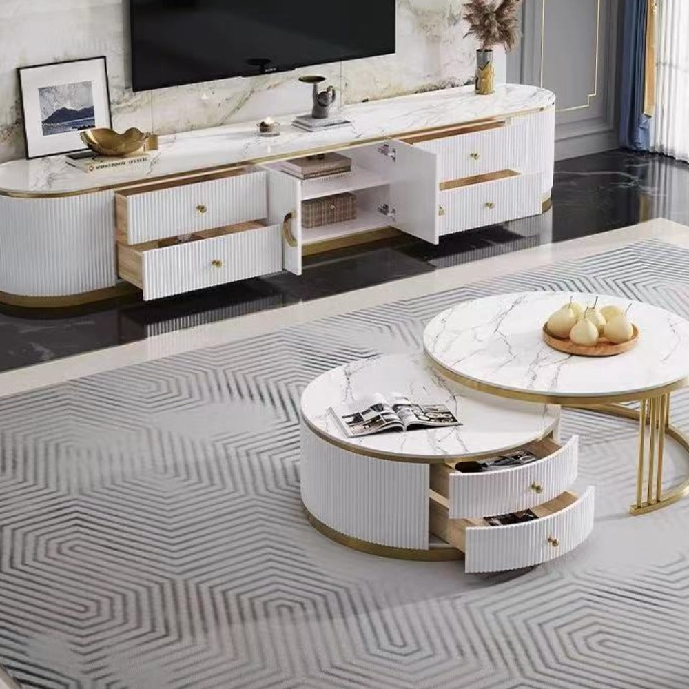 Elegant Classy Modern TV Stand / Unit / Entertainment Unit in White MDF Material with 4 Storage Drawers