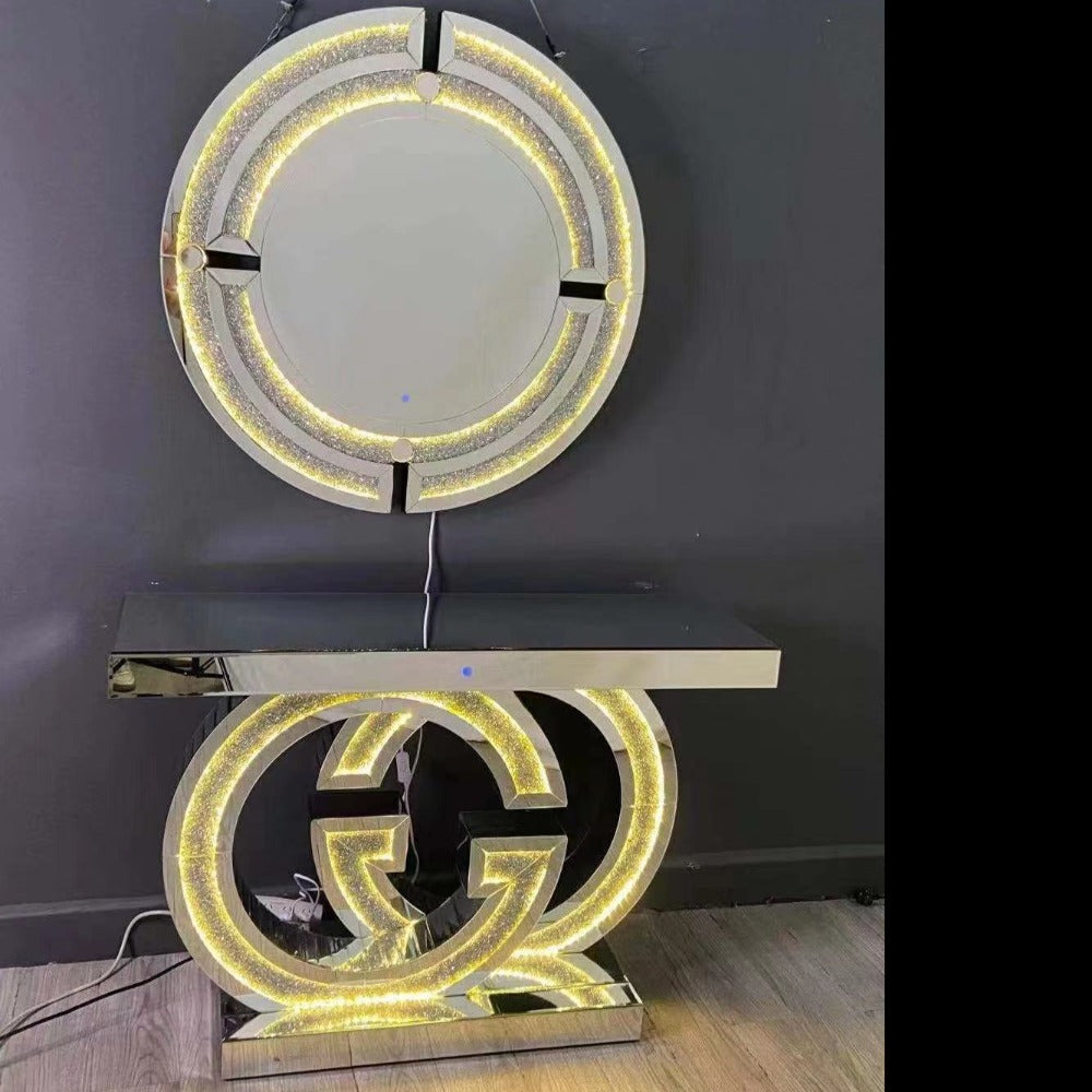 GG Style Mirrored Glass Hallway Console Table and Rectangle Mirror in Silver with LED lights