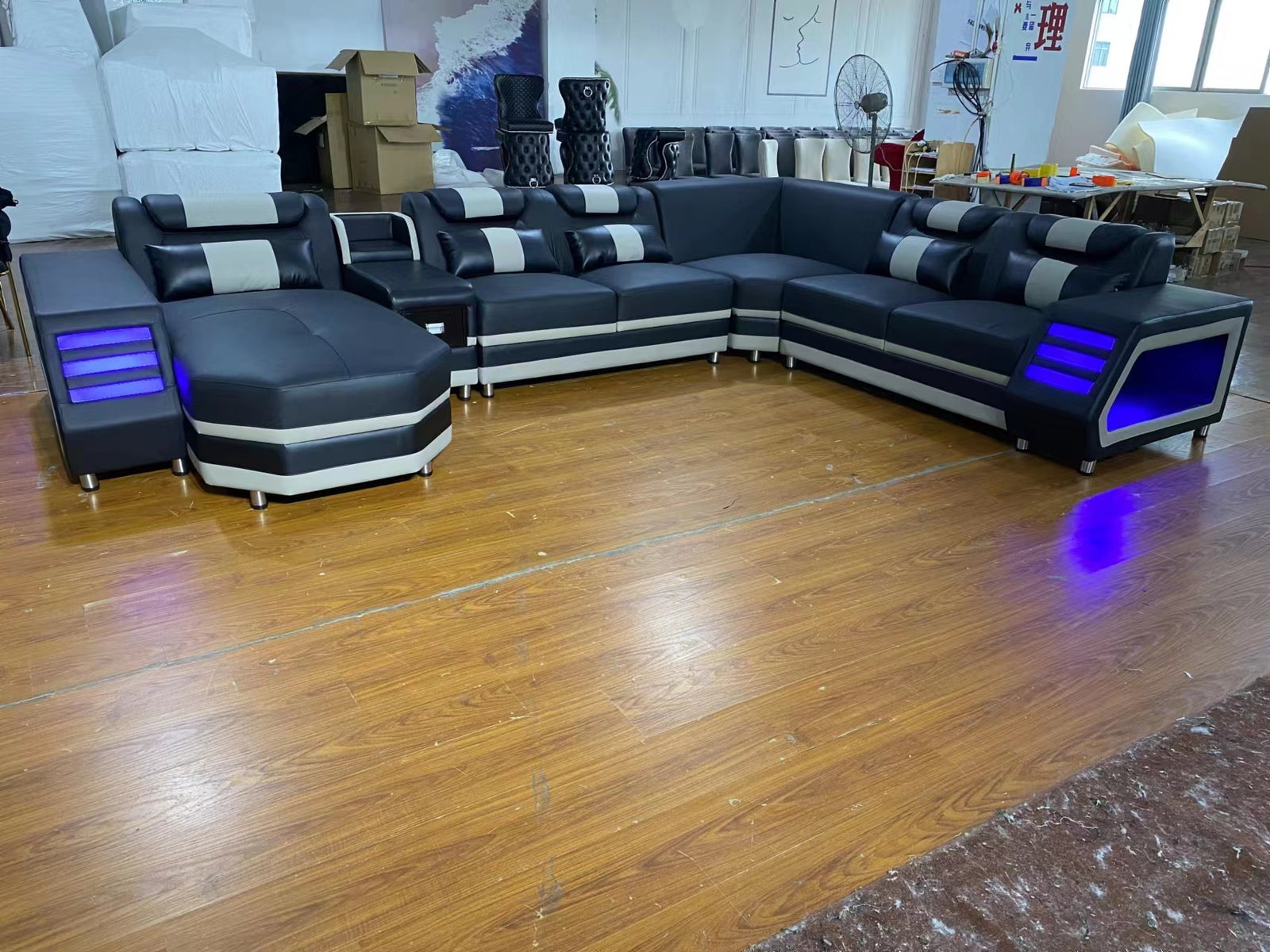 L-shaped Comfortable Sofa set with the Ultimate Covering in Blue and White Leather