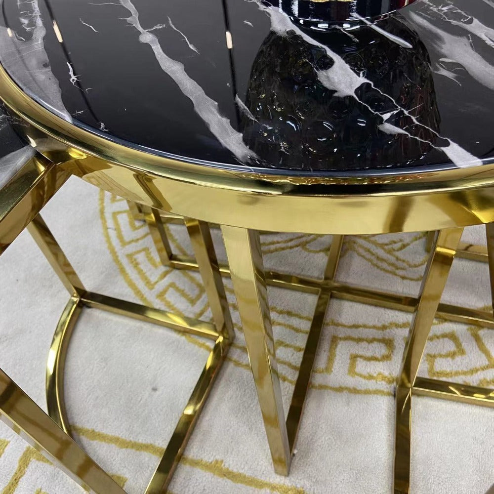 Circle / Round Nested The Black Grey Marble New Side Tables, 5 pieces in Gold Stainless Steel Material on Frames