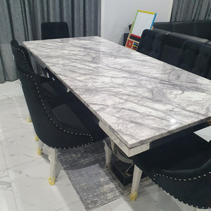 Luxurious Classic Style 8 Seater Marble Dining Table With Silver Classy Black Velvet Stainless Steel Frame Chairs. Cheap Dining Table Furniture / the online home buy furniture