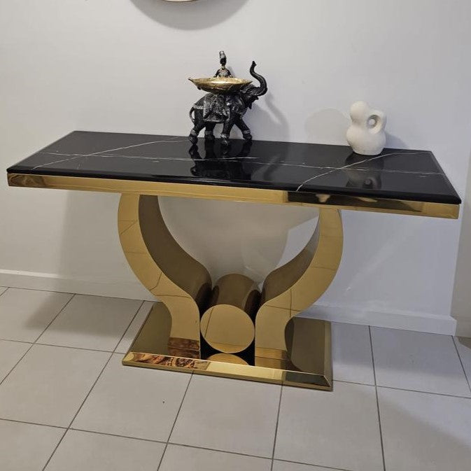 U-Shaped Hallway Console Table in Gold with Black marble