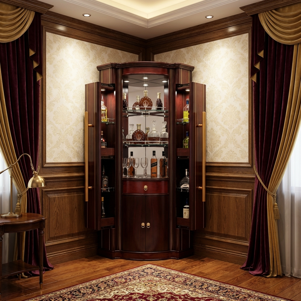 Corner bar cabinet with drinks in a room with wooden walls and curtains.