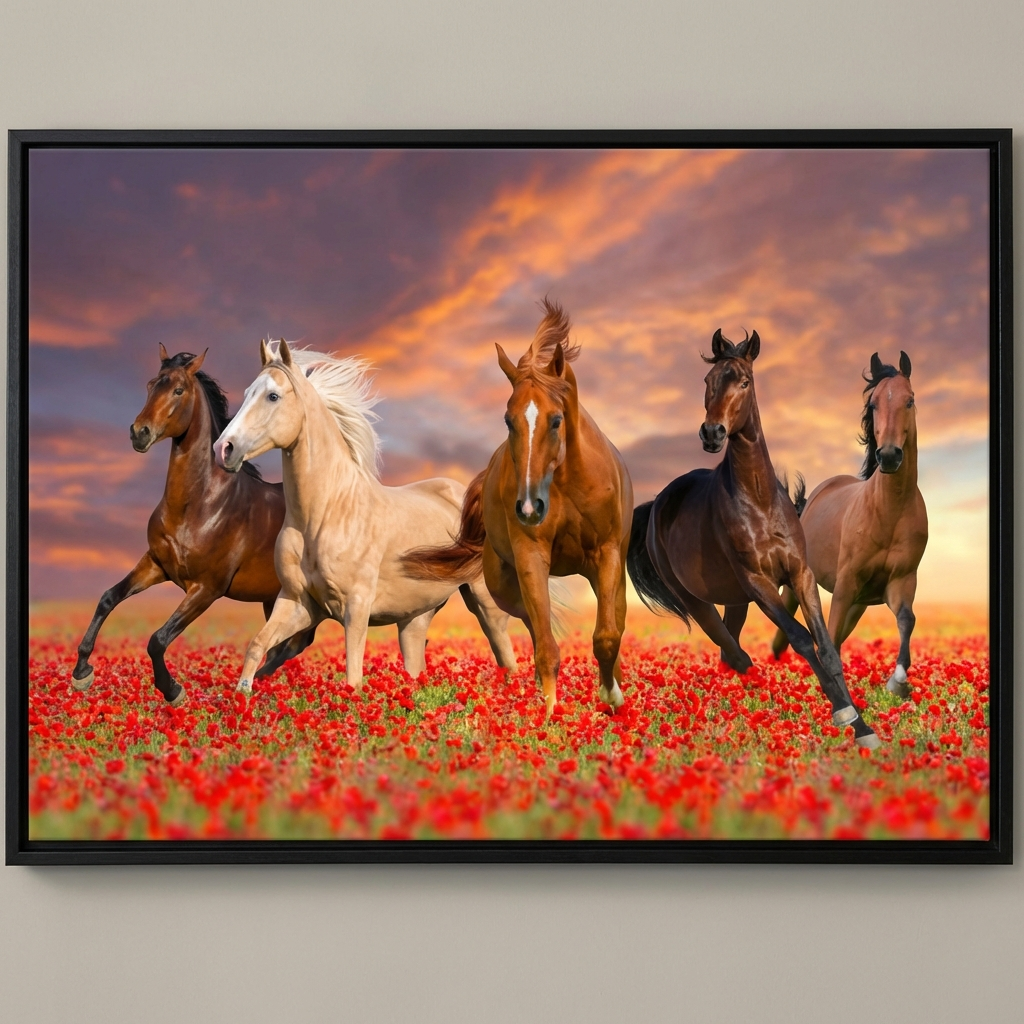Framed artwork of horses running through a field of red flowers with a colorful sky.