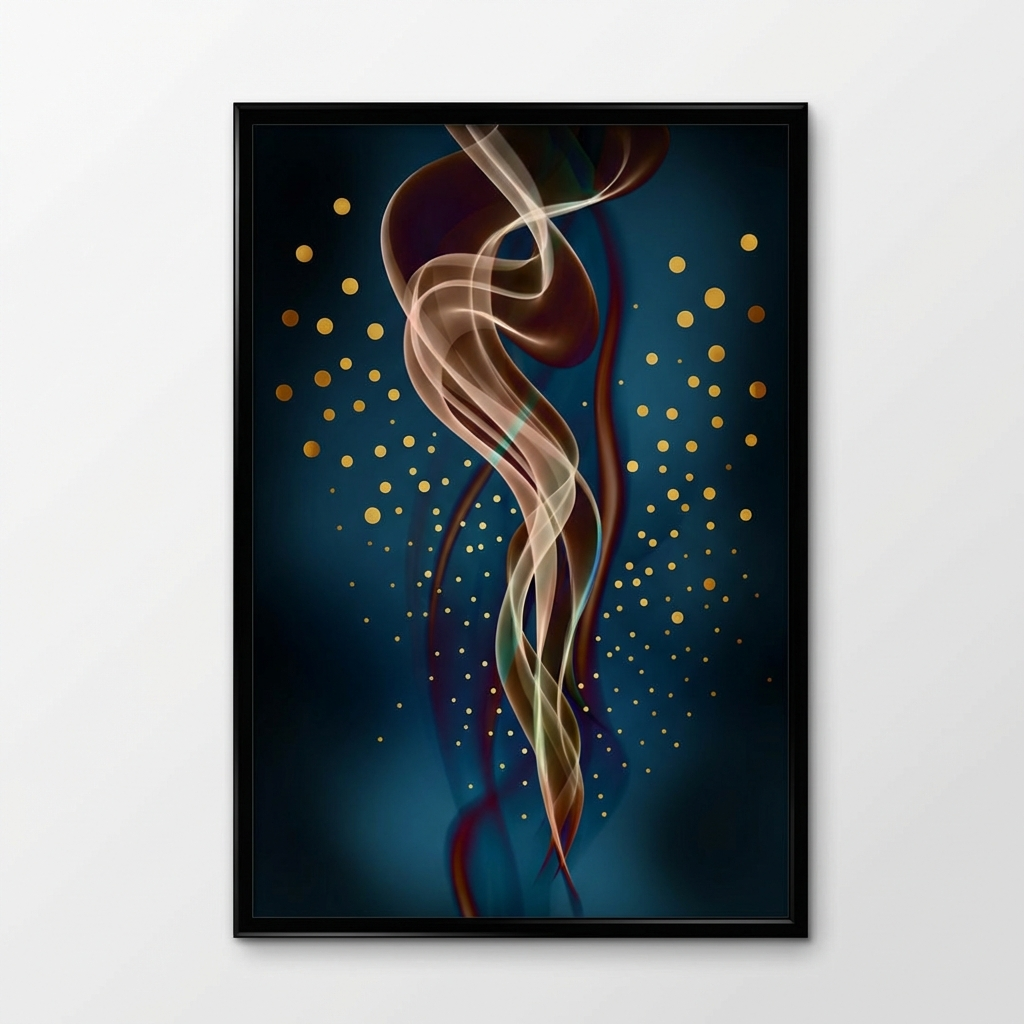 Framed artwork of abstract smoke-like design with gold dots on a dark blue background