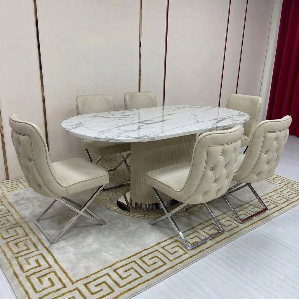 Oval Marble Dining Table with Six Chairs