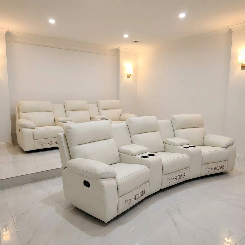 White recliner sofa set in a modern living room with a neutral color scheme.