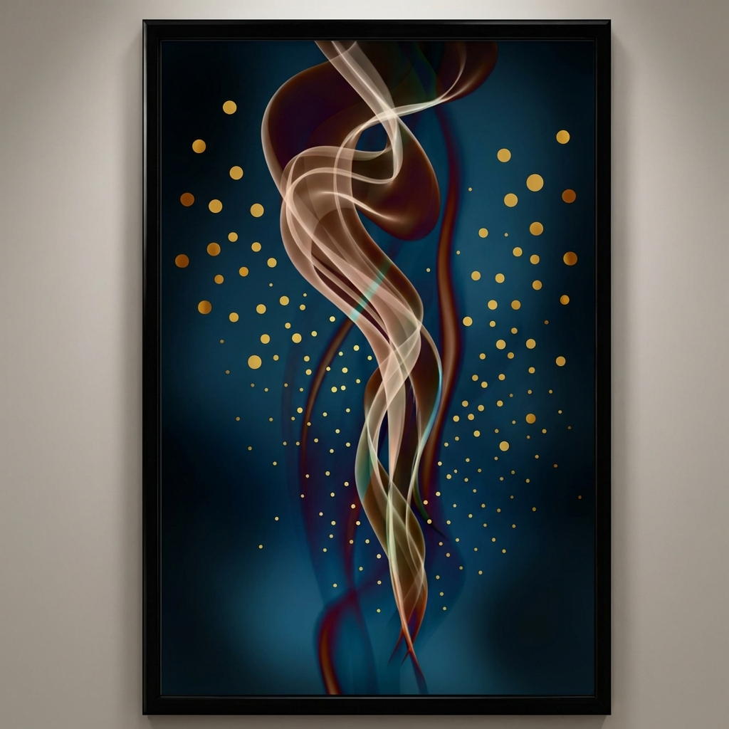 Framed abstract artwork with wavy lines and dots on a dark background