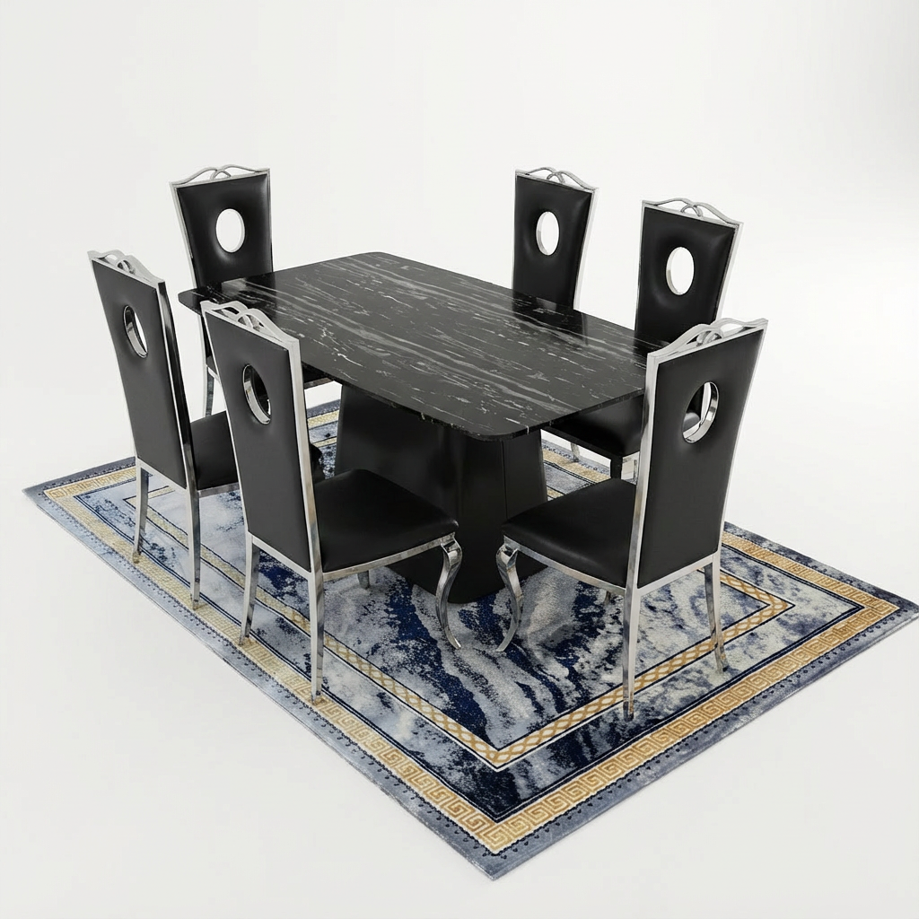 Dining set with table and chairs on a decorative rug