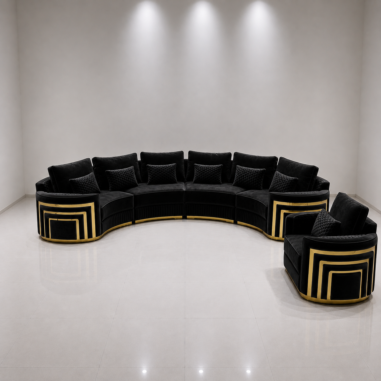 A luxury curved sectional sofa and matching armchair in black velvet with gold geometric trim, set against a minimalist white wall and glossy white floor.