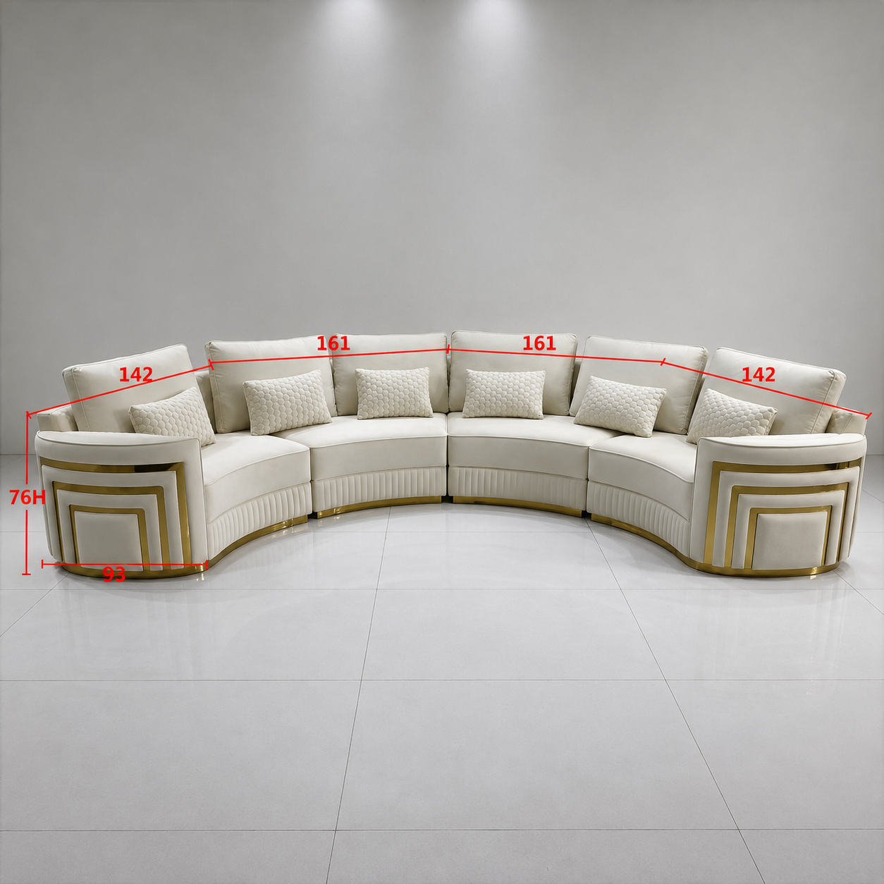 A curved modular sectional sofa in off-white leather with gold geometric trim, shown with red dimension lines and measurements across the front and sides on a light gray studio background.