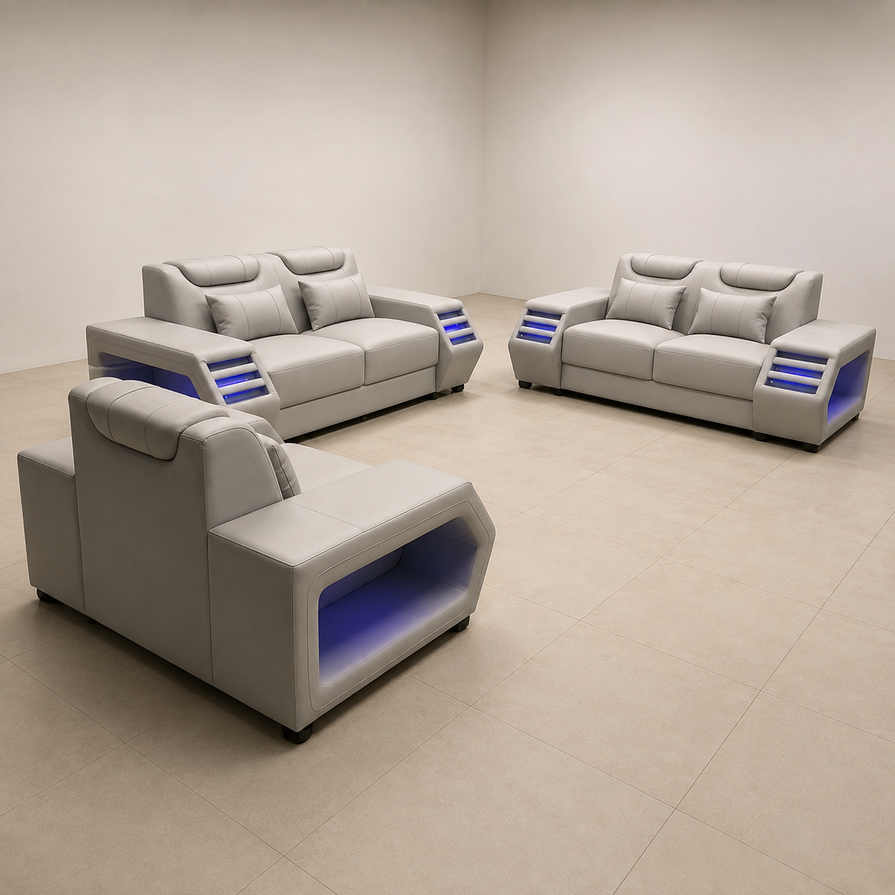 A modern modular living room furniture set consisting of a chaise lounge, a two-seater sofa, and a three-seater sofa in light gray leather with integrated blue LED under-seat and side lighting, displayed in a minimalist room with beige tiled floors and walls.