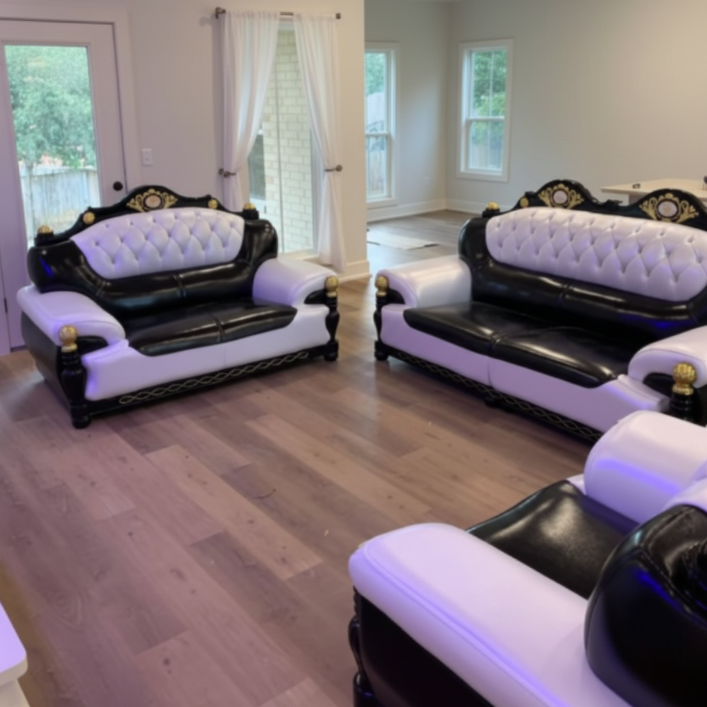 Black and white leather sofa set in a room with large windows.