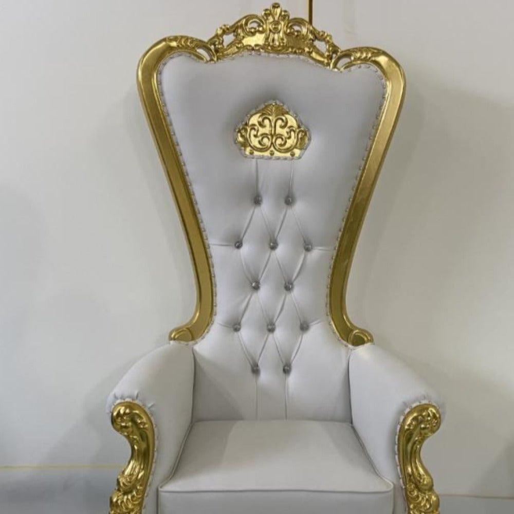 Luxury, Stylish and Comfortable Queen / King Royal Chair in White Microfibre Leather with Gold Trims