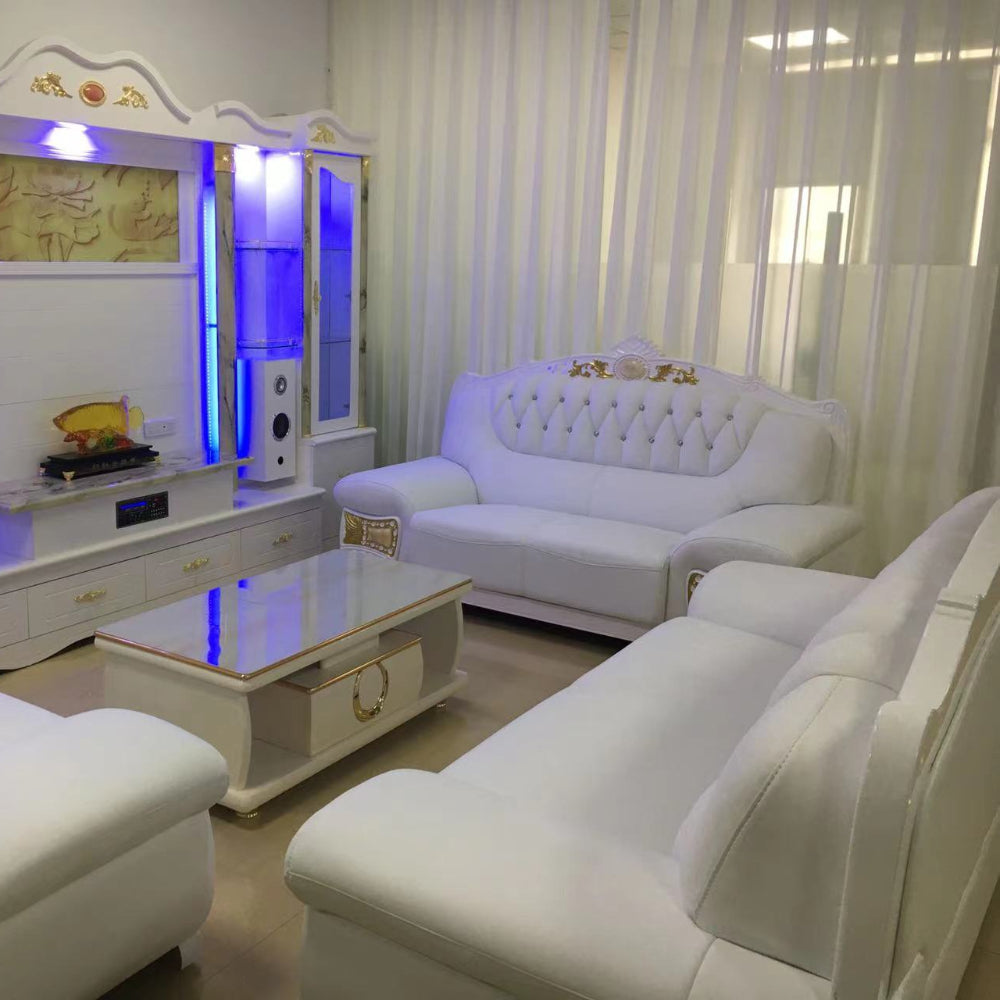 Real / Genuine Leather Sofas / Couches in White with 24 karat Gold Trims and Modern Wood Finish with MDF Coffee Table