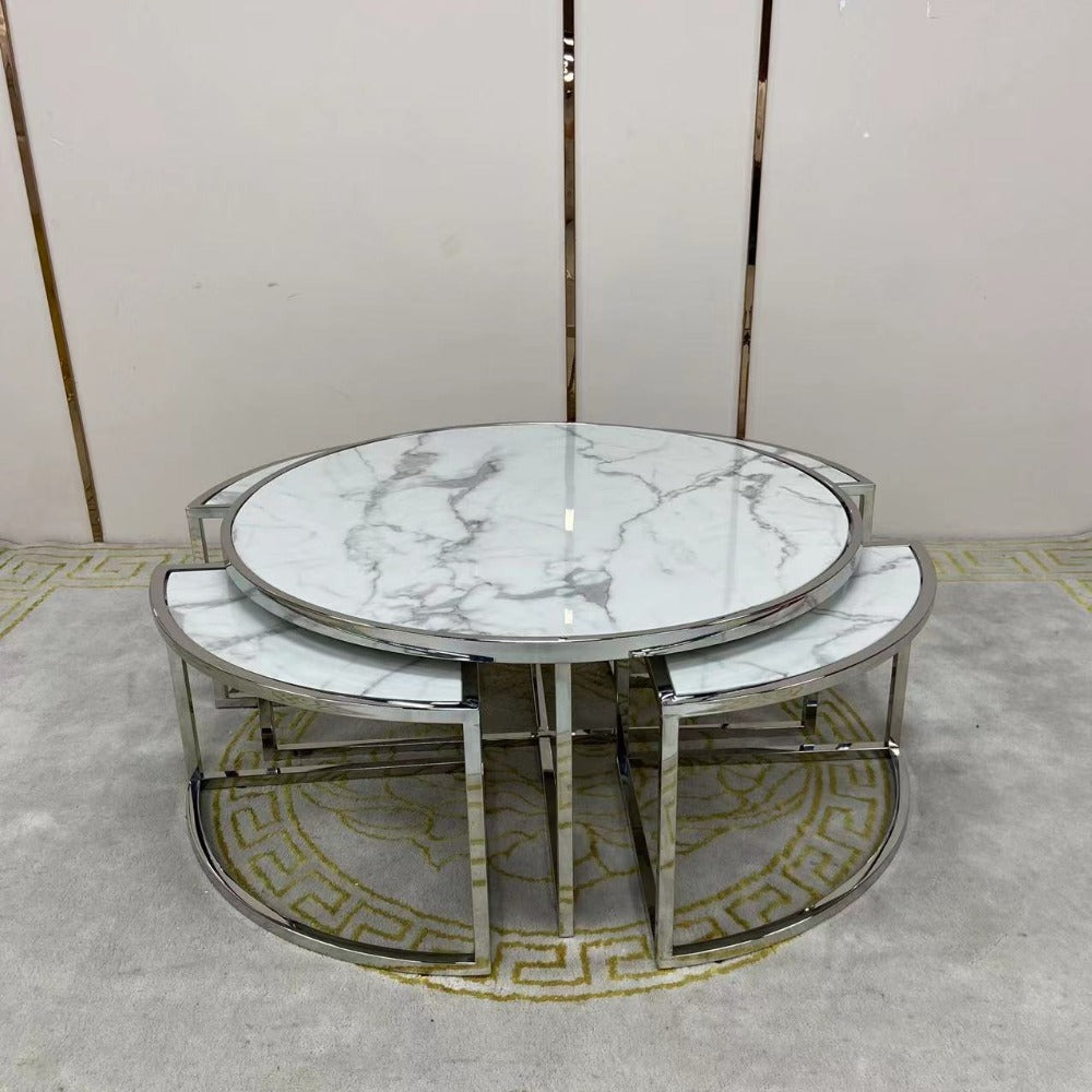 Classy Circle / Round Silver Nested Marble Coffee Tables, 5 pieces in Gold Stainless Steel Material on Frames. set includes one large table and four small nesting coffee tables