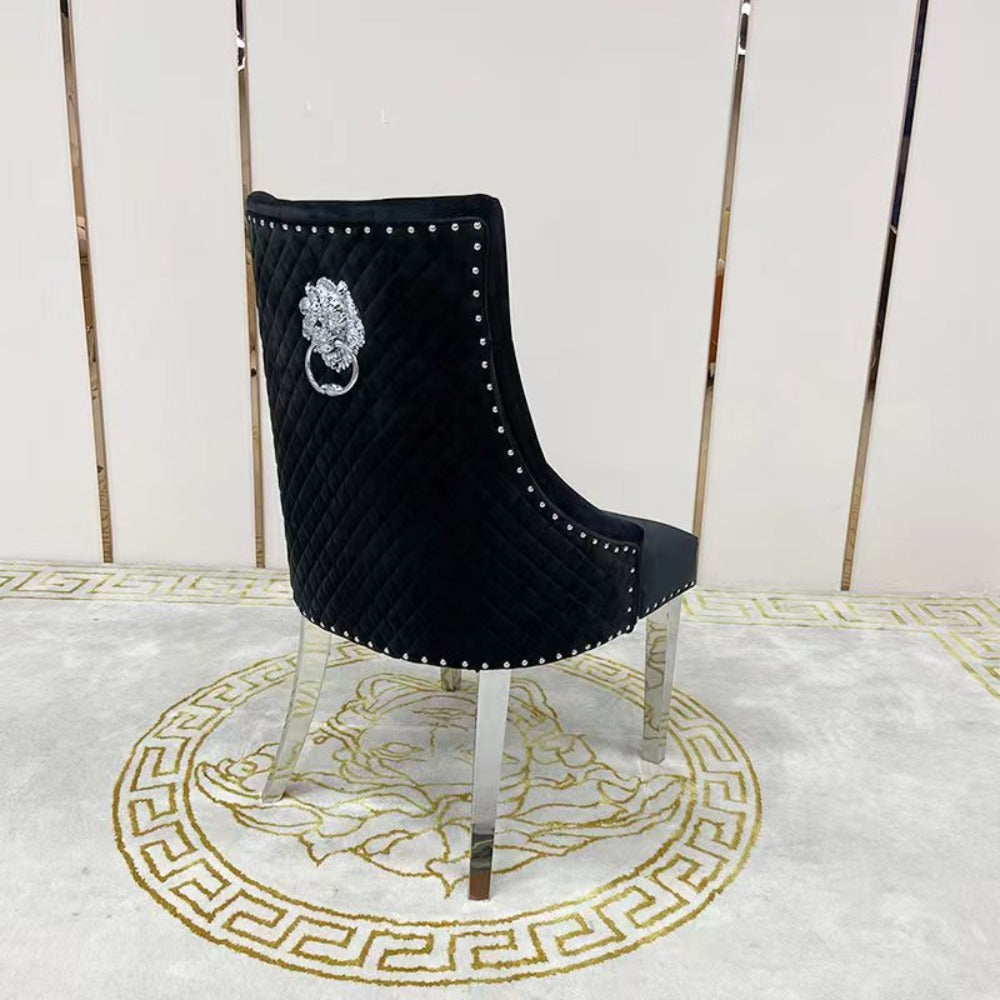 RBM Classic Home Online Furniture Store / Shop With Cheap / Discounted Prices. Luxurious and Stylish U-Shaped Marble Dining table with Gold Modern Black Velvet Dining Room Chairs in Gold Stainless Steel Frame.