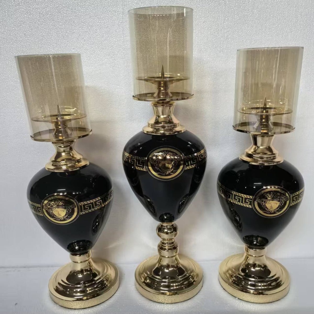 Versace Black Glass Decorative Candleholders ith Gold Frame